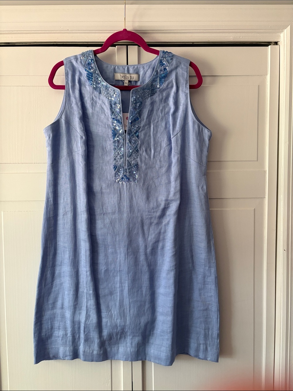 Bella Tu Light Blue Embroidered Sleeveless Linen Dress-size XL